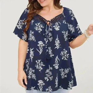 NWT!Navy Floral tassels Tie neck contrast lace blouse Size 12 or Large